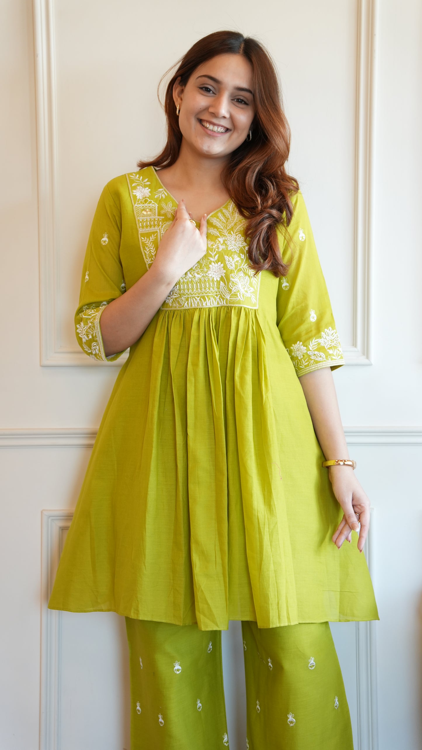 BRIGHT GREEN EMBROIDERED COORD SET