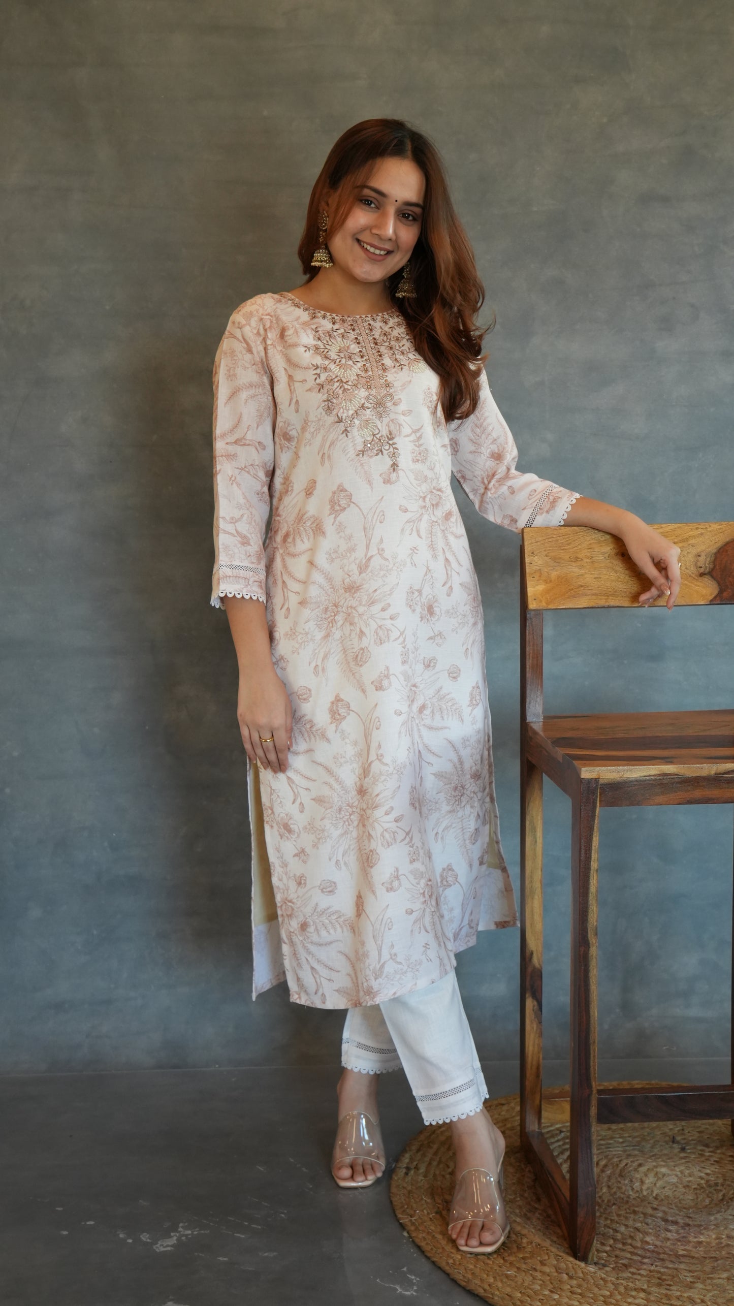 BEIGE EMBROIDERED LINEN SUIT SET