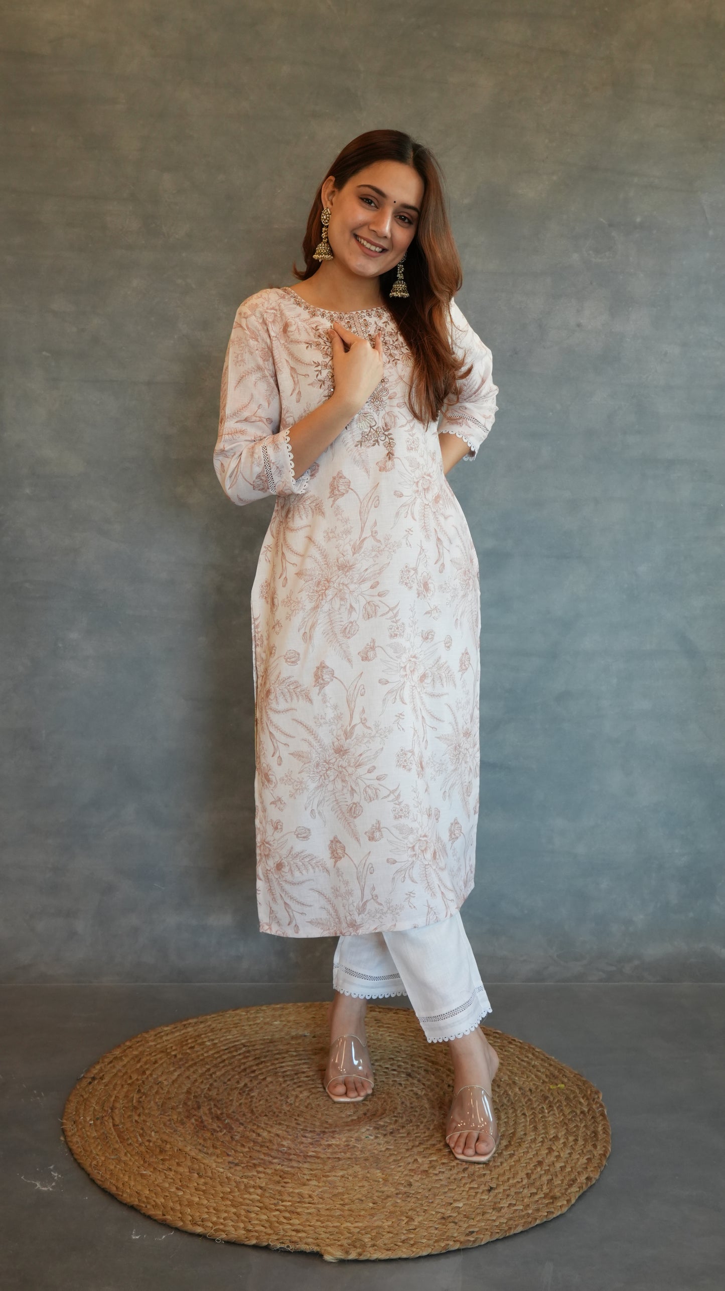 BEIGE EMBROIDERED LINEN SUIT SET