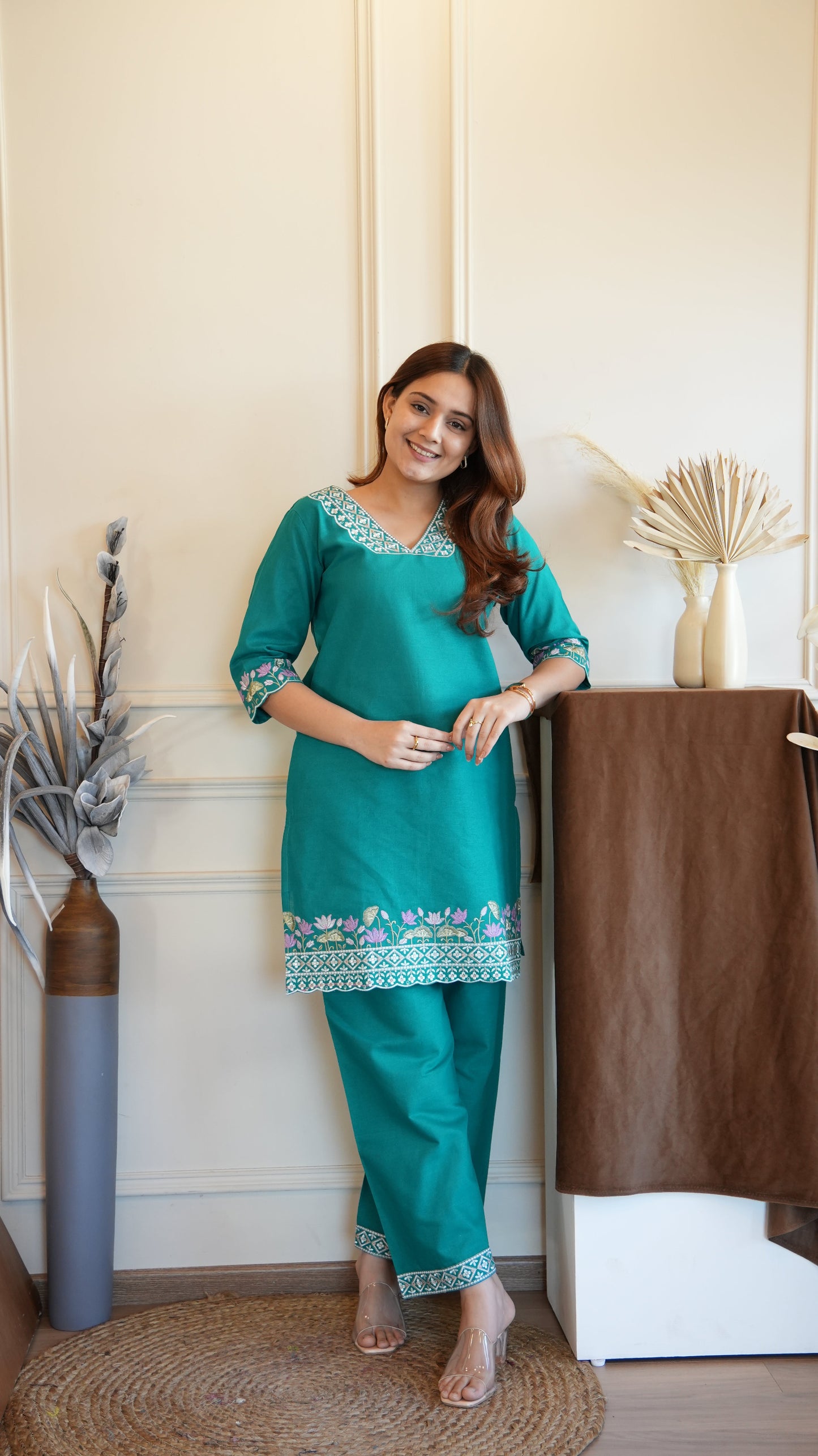 TEAL GREEN COTTON EMBROIDERED COORD SET
