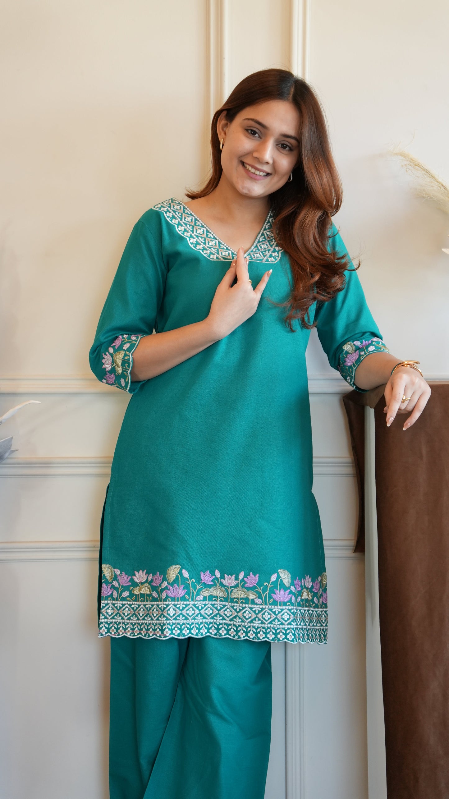 TEAL GREEN COTTON EMBROIDERED COORD SET