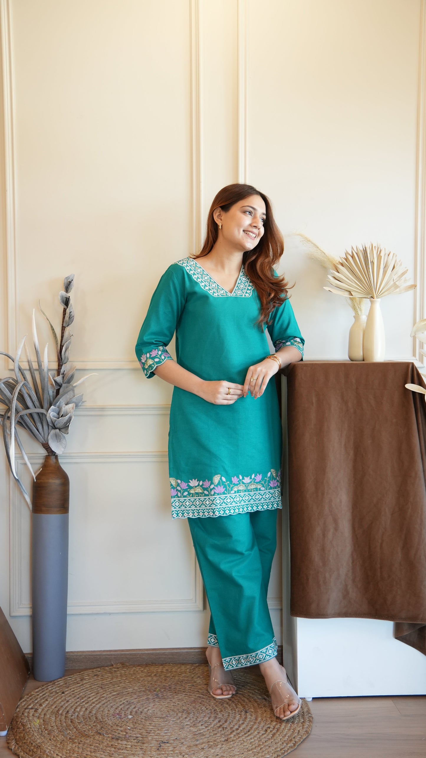 TEAL GREEN COTTON EMBROIDERED COORD SET