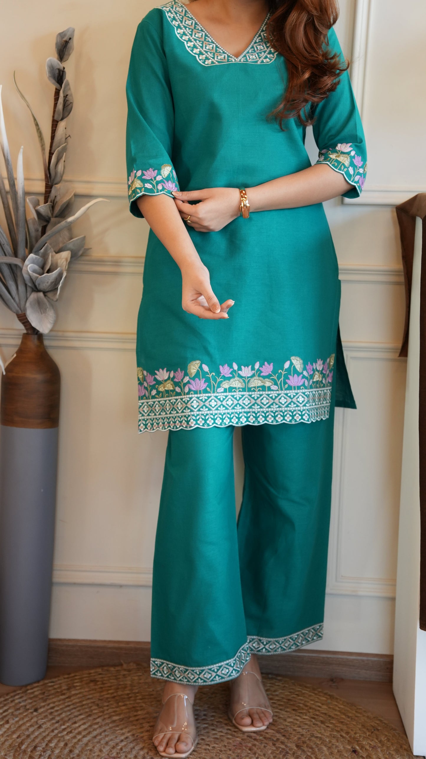 TEAL GREEN COTTON EMBROIDERED COORD SET