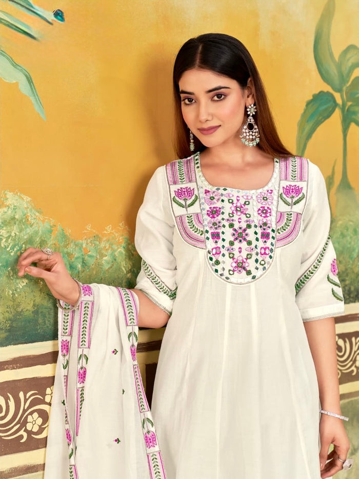 WHITE MUL CHANDERI MIRROR EMBROIDERED