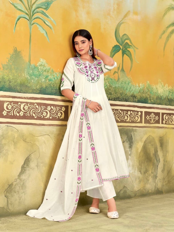 WHITE MUL CHANDERI MIRROR EMBROIDERED