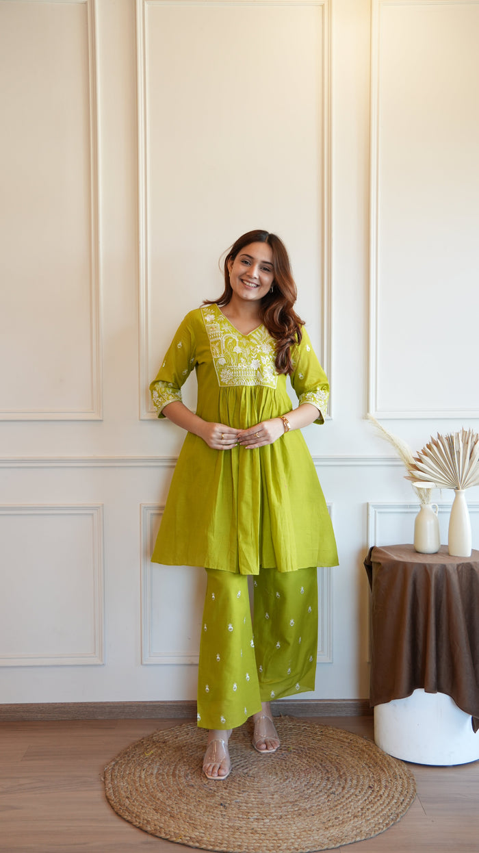 BRIGHT GREEN EMBROIDERED COORD SET