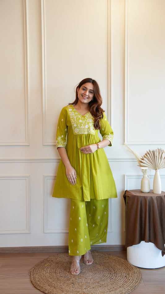 BRIGHT GREEN EMBROIDERED COORD SET