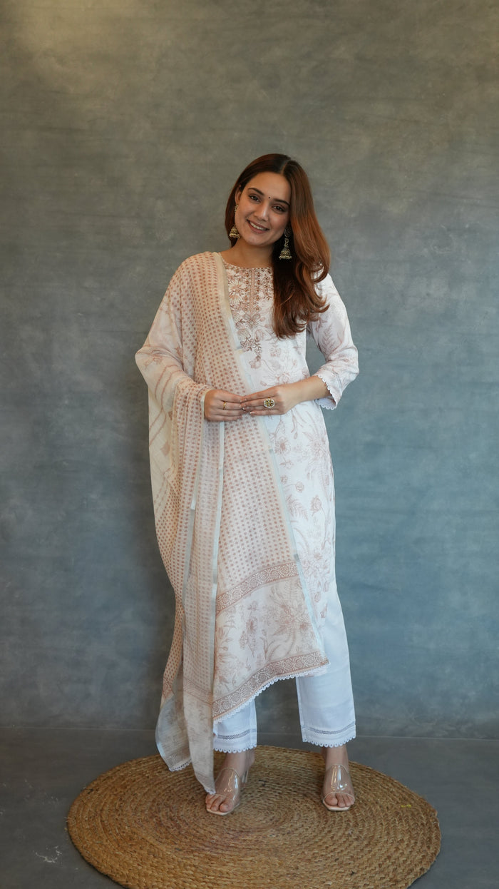 BEIGE EMBROIDERED LINEN SUIT SET
