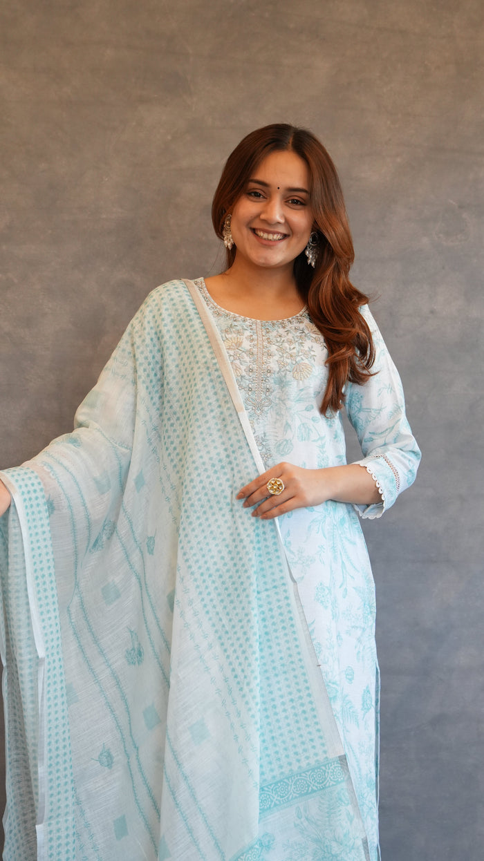PASTEL BLUE LINEN BLEND KURTA SET