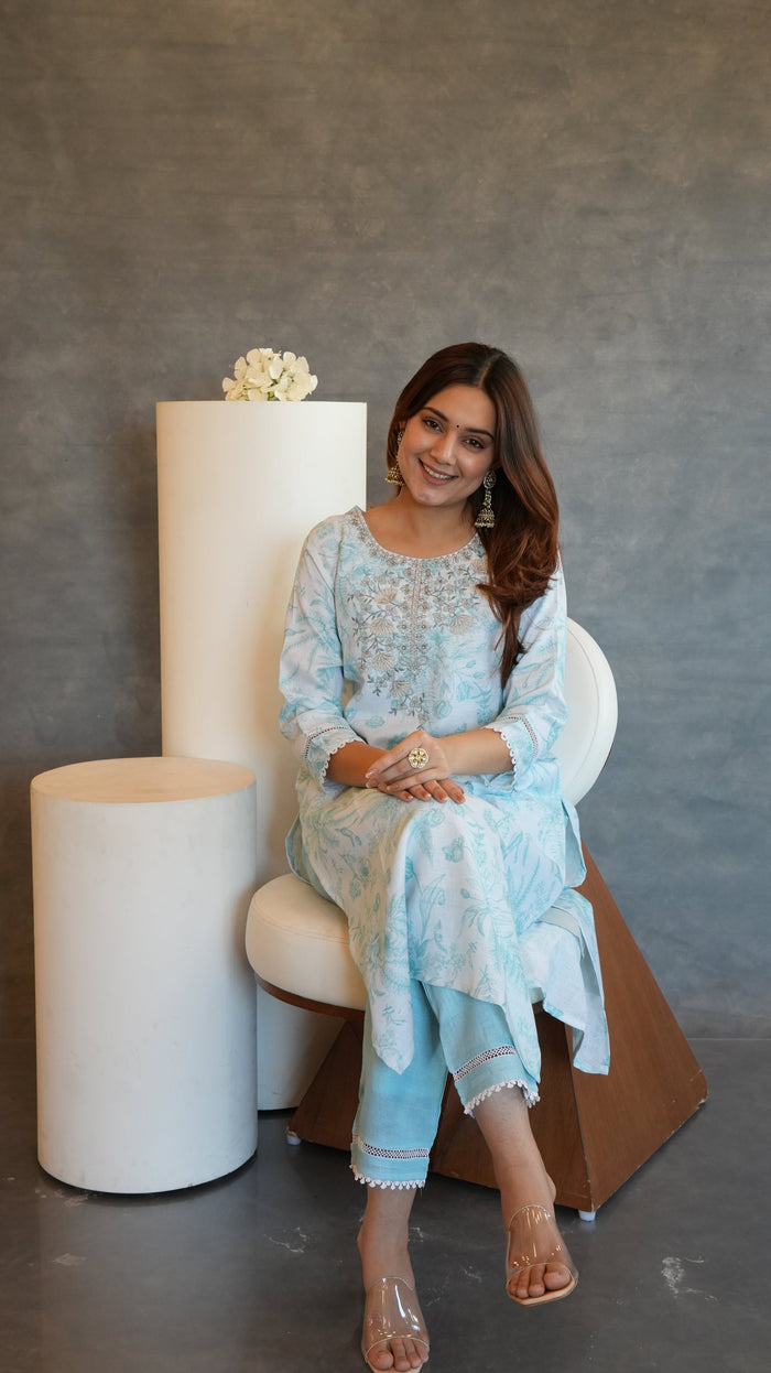 PASTEL BLUE LINEN BLEND KURTA SET