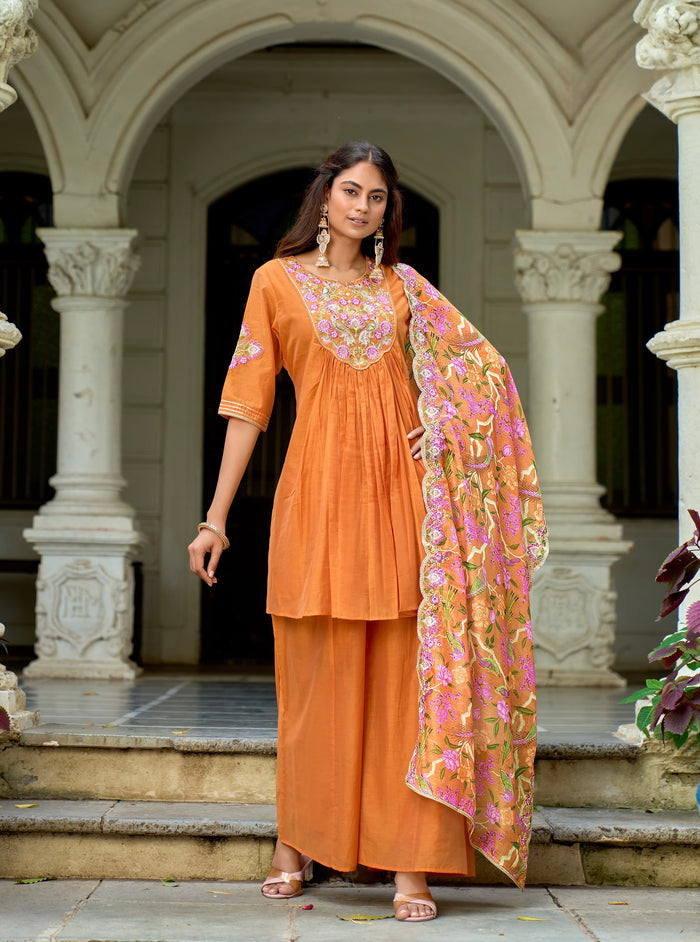 ORANGE MUL CHANDERI PLAZZO SET