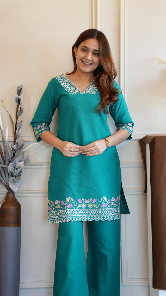 TEAL GREEN  COTTON EMBROIDERED COORD SET